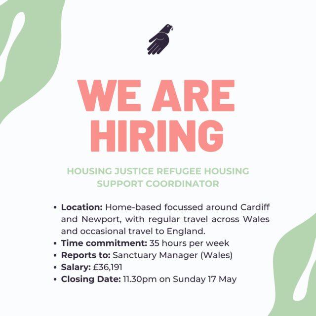 We're looking for someone to join our team!

The Refugee Housing Support Coordinator will be responsible for the day-to-day delivery of our accommodation pathways, ensuring the best possible outcomes for our guests and tenants. This dynamic role covers three core areas: managing casework for destitute migrants in our Hosting Project, developing our new Refugee Lodgings pathway, and providing tenancy sustainment support for our Transitional Housing (HMO) properties.

Apply today: https://housingjustice.org.uk/donate-or-get-involved/vacancies

#refugeesectorjobs #cardiffjobs #newportjobs